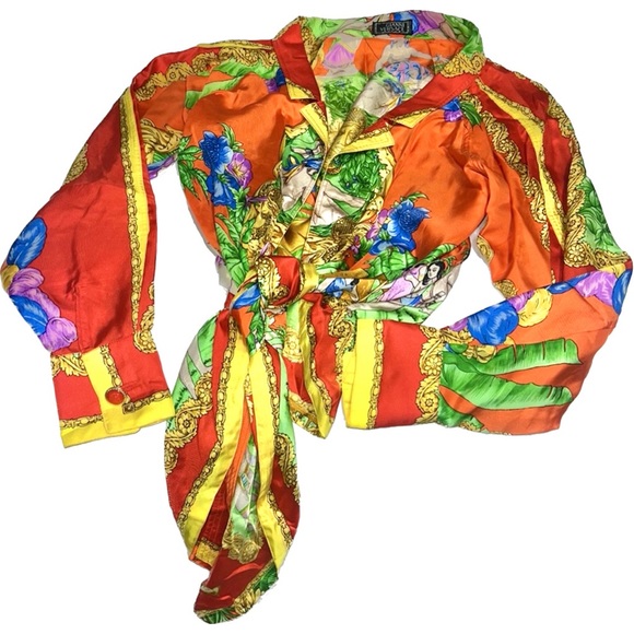 Gianni Versace Vintage SS 1993 Paradise Lost Printed Silk Off Shoulder Blouse - Picture 2 of 16